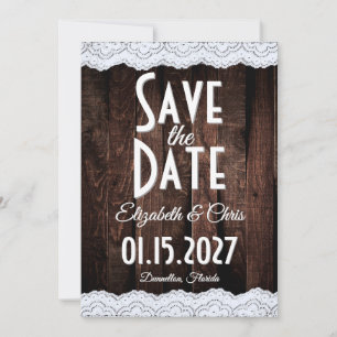 Romantische landelijke chic kant en rustiek hout save the date