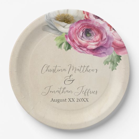 Romantische Landelijke Roze & Witte Ranunculus Papieren Bordje (Voorkant)