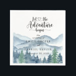 Romantische Landelijke Waterverf Bergen Bomen Brui Servet<br><div class="desc">Weelderige waterverf in blauwe en groene bergwoud getinte papieren servetten voor uw receptie,  met de populaire uitdrukking: laat het avontuur beginnen. Voor degenen die houden van een romantische bos stijl bos bruiloft. Om de volledige verzameling van bijpassende materialen voor dit ontwerp te zien,  bezoek: https://www.zazzle.com/collections/rustic_forest_mountain_wedding-119965625201006103</div>