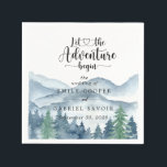 Romantische Landelijke Waterverf Bergen Bomen Brui Servet<br><div class="desc">Weelderige waterverf in blauwe en groene bergwoud getinte papieren servetten voor uw receptie,  met de populaire uitdrukking: laat het avontuur beginnen. Voor degenen die houden van een romantische bos stijl bos bruiloft. Om de volledige verzameling van bijpassende materialen voor dit ontwerp te zien,  bezoek: https://www.zazzle.com/collections/rustic_forest_mountain_wedding-119965625201006103</div>