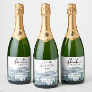 Romantische landelijke waterverf bergen boom bruil sparkling wijnetiket