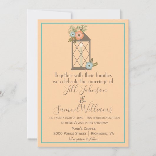 Romantische Lantaarn Soft Peach & Aqua Floral Wedd Kaart (Voorkant)