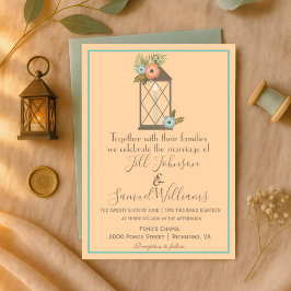 Romantische Lantaarn Soft Peach & Aqua Floral Wedd Kaart