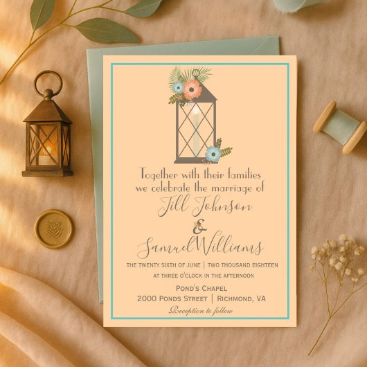 Romantische Lantaarn Soft Peach & Aqua Floral Wedd Kaart