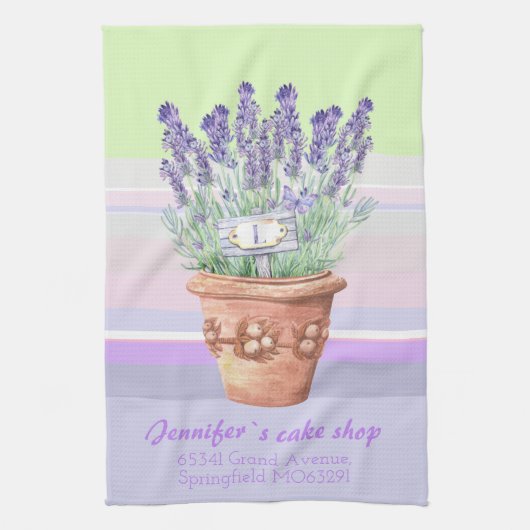 Romantische lavendel en naam op gestreept pastel b theedoek (Verticaal)