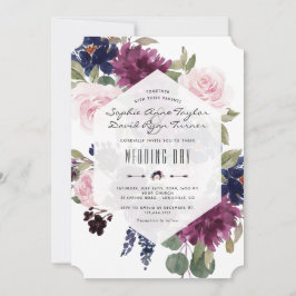 Romantische lavendel marineblauwe bloemige bruilof kaart