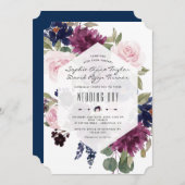 Romantische lavendel marineblauwe bloemige bruilof kaart (Voorkant / Achterkant)