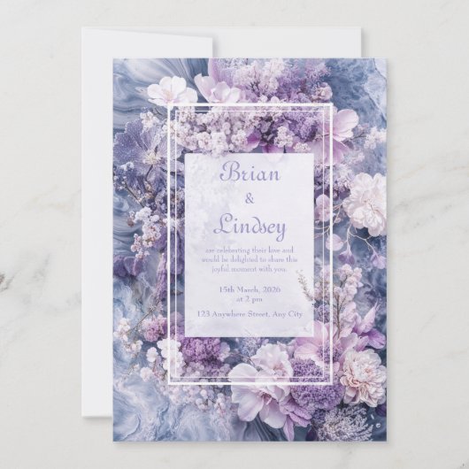 Romantische Lavendel & Marmeren Bloemen Huwelijk Kaart (Voorkant)