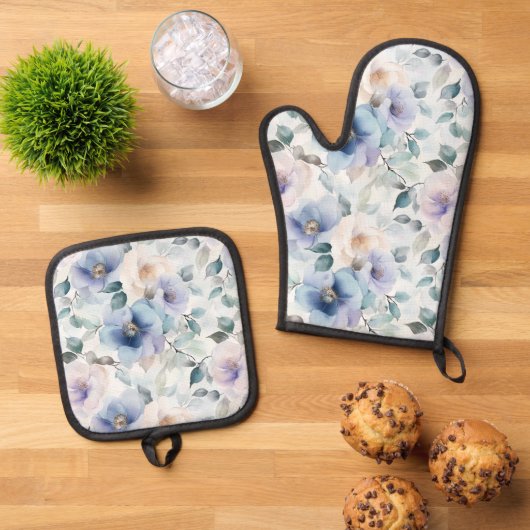 Romantische  Lavendel Paarse Witte Bloemen Ovenwant & Pannenlap Set (Top down)
