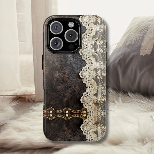 Romantische Lederen Kant Look Vrouwen Case-Mate iPhone 14 Pro Max Hoesje