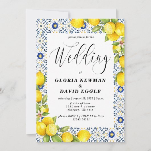 Romantische Lemons en blauwe Tegels Weddenschap Kaart (Voorkant)