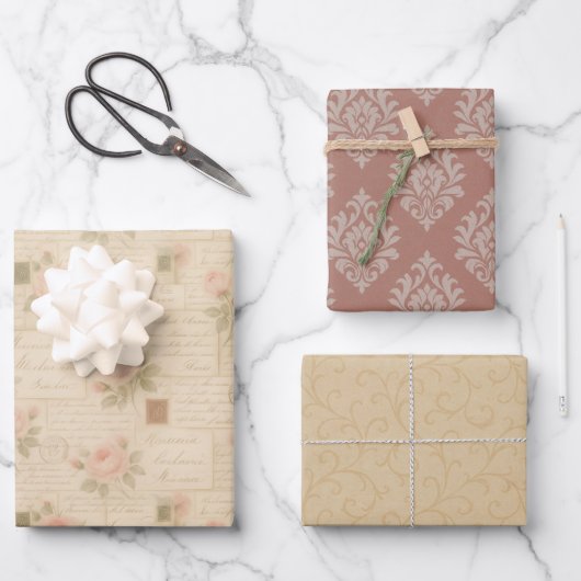Romantische Letter & Damask 3-vel set Inpakpapier Vel (Voorkant)