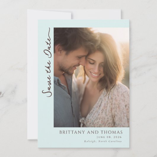 Romantische lichtblauwe foto save the date (Voorkant)