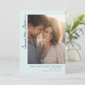 Romantische lichtblauwe foto save the date (Staand voorkant)