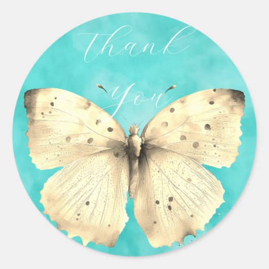 Romantische lichtblauwe vlinder dank u ronde sticker (Voorkant)