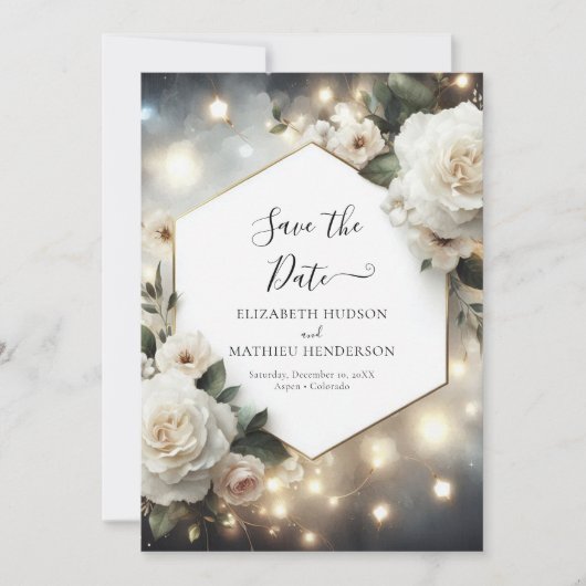Romantische lichten Witte rozen bruiloft Save The Date (Voorkant)