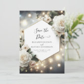 Romantische lichten Witte rozen bruiloft Save The Date (Staand voorkant)