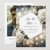 Romantische lichten Witte rozen bruiloft Save The Date (Voorkant / Achterkant)