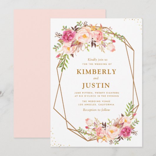 Romantische, lichtroze, florale geometrische bruil kaart (Voorkant / Achterkant)
