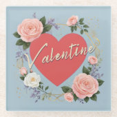 Romantische Liefde Hart Roze Rozen Valentijnsdag Glazen Onderzetter (Voorkant)