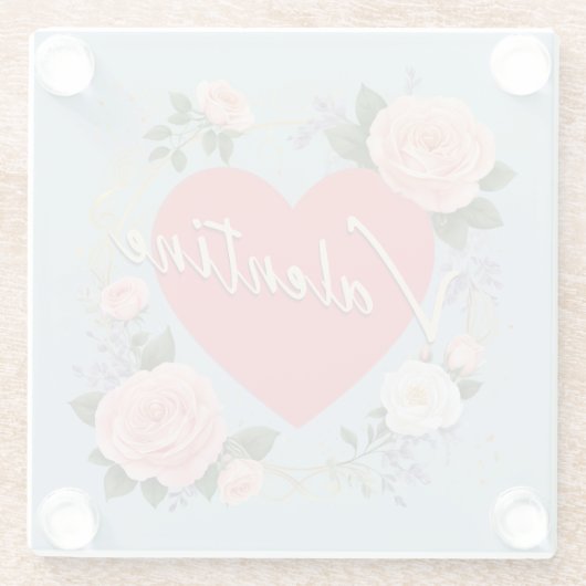 Romantische Liefde Hart Roze Rozen Valentijnsdag Glazen Onderzetter (Achterkant)