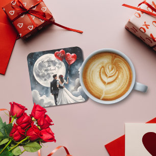 Romantische liefde op wolk negen sprookjeshuwelijk kartonnen onderzetters