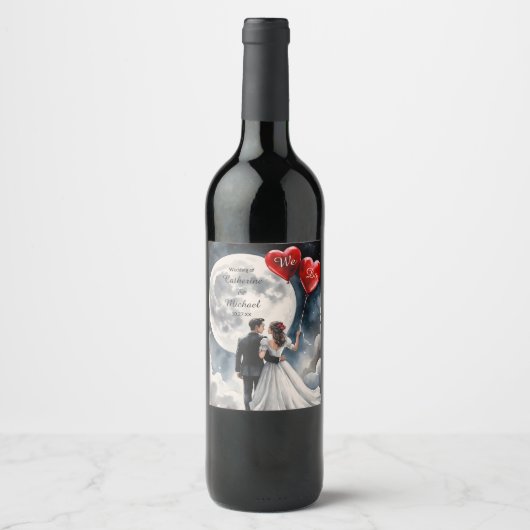 Romantische liefde op wolk negen sprookjeshuwelijk wijn etiket (Voorkant)