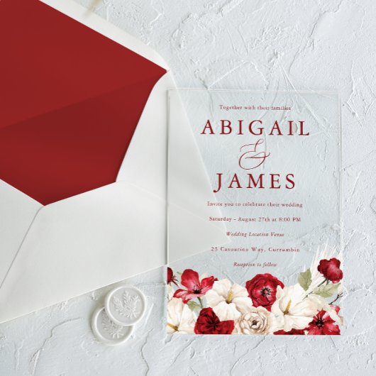 Romantische liefde: Ruby Red & White Bloemen bruil Acryl Uitnodigingen