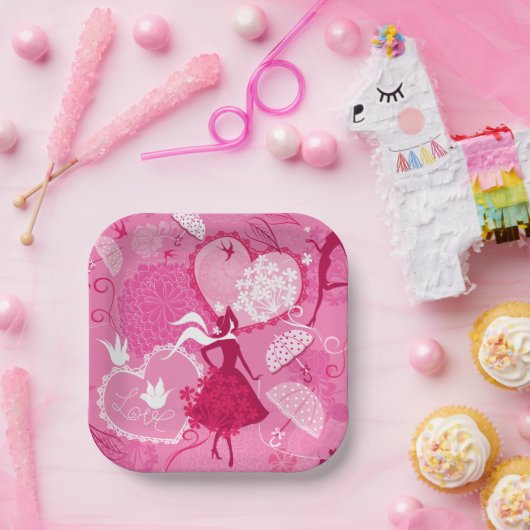 Romantische liefde silhouet patroon roze harten papieren bordje (Feest)