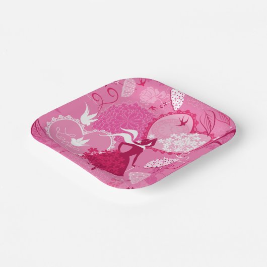 Romantische liefde silhouet patroon roze harten papieren bordje (Gebogen)