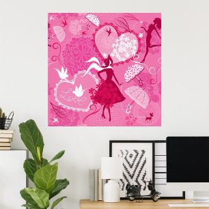Romantische liefde silhouet patroon roze harten poster