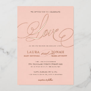 Romantische liefdescalligrafie roze goud roos folie uitnodiging