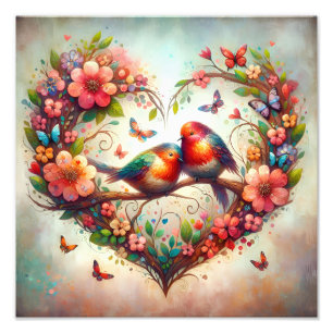 Romantische Liefdesvogels Bloemhart Watercolorontw Foto Afdruk
