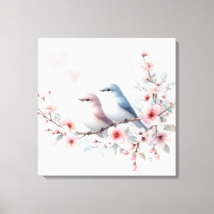 Romantische Liefdesvogels Kersenbloesemtak Canvas Afdruk