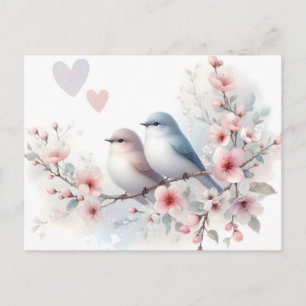 Romantische Liefdesvogels Kersenbloesemtak Feestdagenkaart