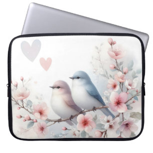 Romantische Liefdesvogels Kersenbloesemtak Laptop Sleeve