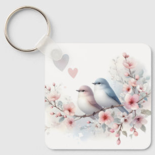 Romantische Liefdesvogels Kersenbloesemtak Sleutelhanger