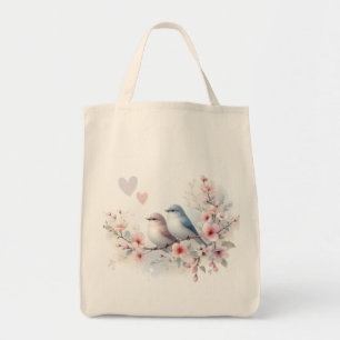 Romantische Liefdesvogels Kersenbloesemtak Tote Bag