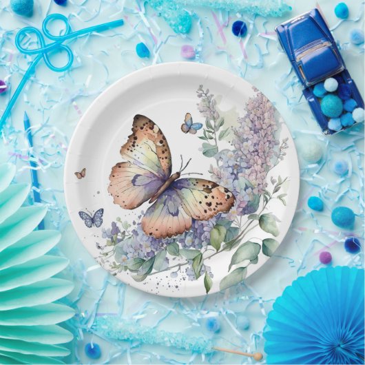 Romantische lila bloemen en vlinder papieren bordje (Feest)