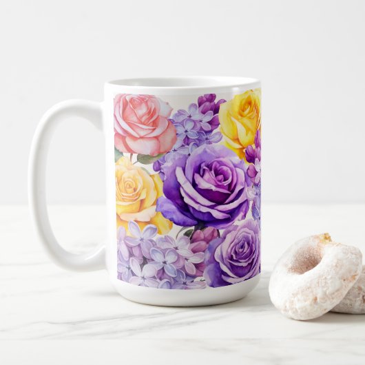 Romantische Lila Bloemen & Rozen Koffiemok (Met donut)