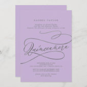 Romantische Lila Calligrafie Quinceañera Uitnodigi Kaart (Voorkant / Achterkant)