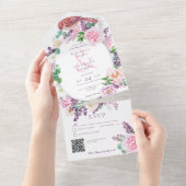 Romantische Lila en Roze Floral Oval Lijst QR-code All In One Uitnodiging (Afscheurbaar)