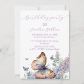 Romantische lila en vlinder Verjaardagsuitnodiging Kaart (Voorkant)