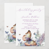 Romantische lila en vlinder Verjaardagsuitnodiging Kaart (Voorkant / Achterkant)