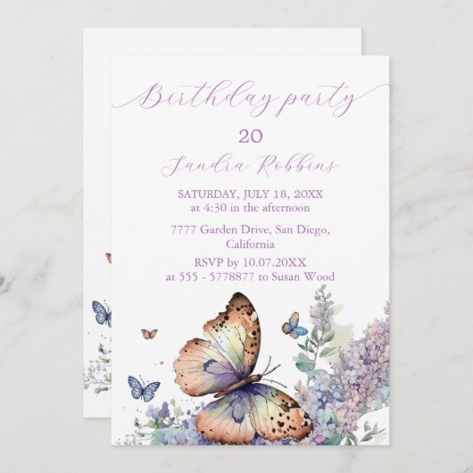 Romantische lila en vlinder Verjaardagsuitnodiging Kaart (Voorkant / Achterkant)