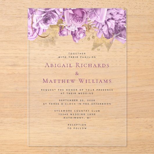 Romantische Lila gouden bloemenbruiloft Acryl Uitnodigingen (Voorkant)