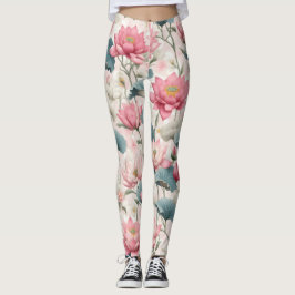 Romantische Lotus in Roze, Crème en Zacht Groen Leggings