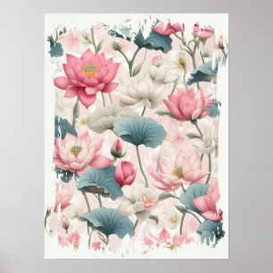 Romantische Lotus in Roze, Crème en Zacht Groen Poster