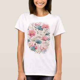 Romantische Lotus in Roze, Crème en Zacht Groen T-shirt