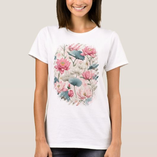 Romantische Lotus in Roze, Crème en Zacht Groen T-shirt (Voorkant)